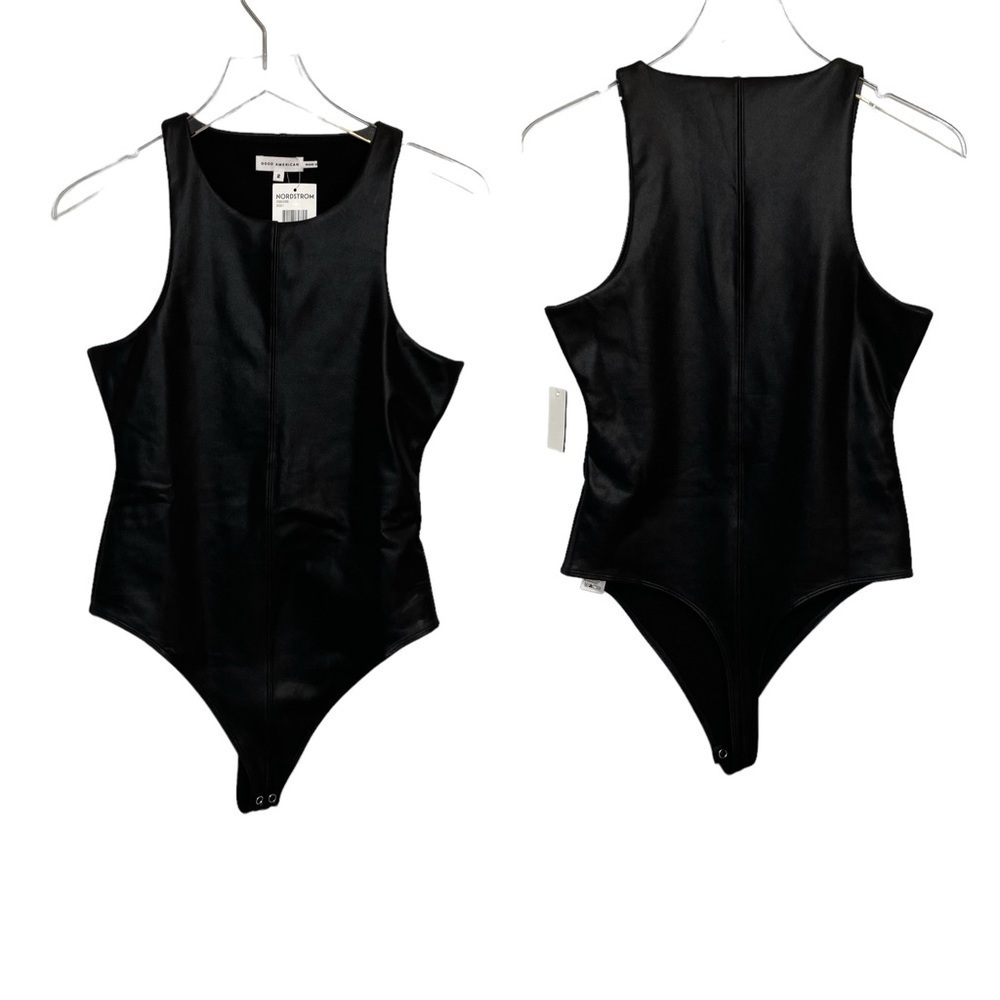 Good American Black Faux Leather Sleeveless Thong Bodysuit Size 2 NWT